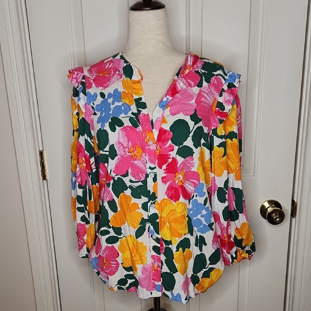 Sugarlips Kokomo Floral Martina Balloon Sleeve Button Down Blouse Size M NWT